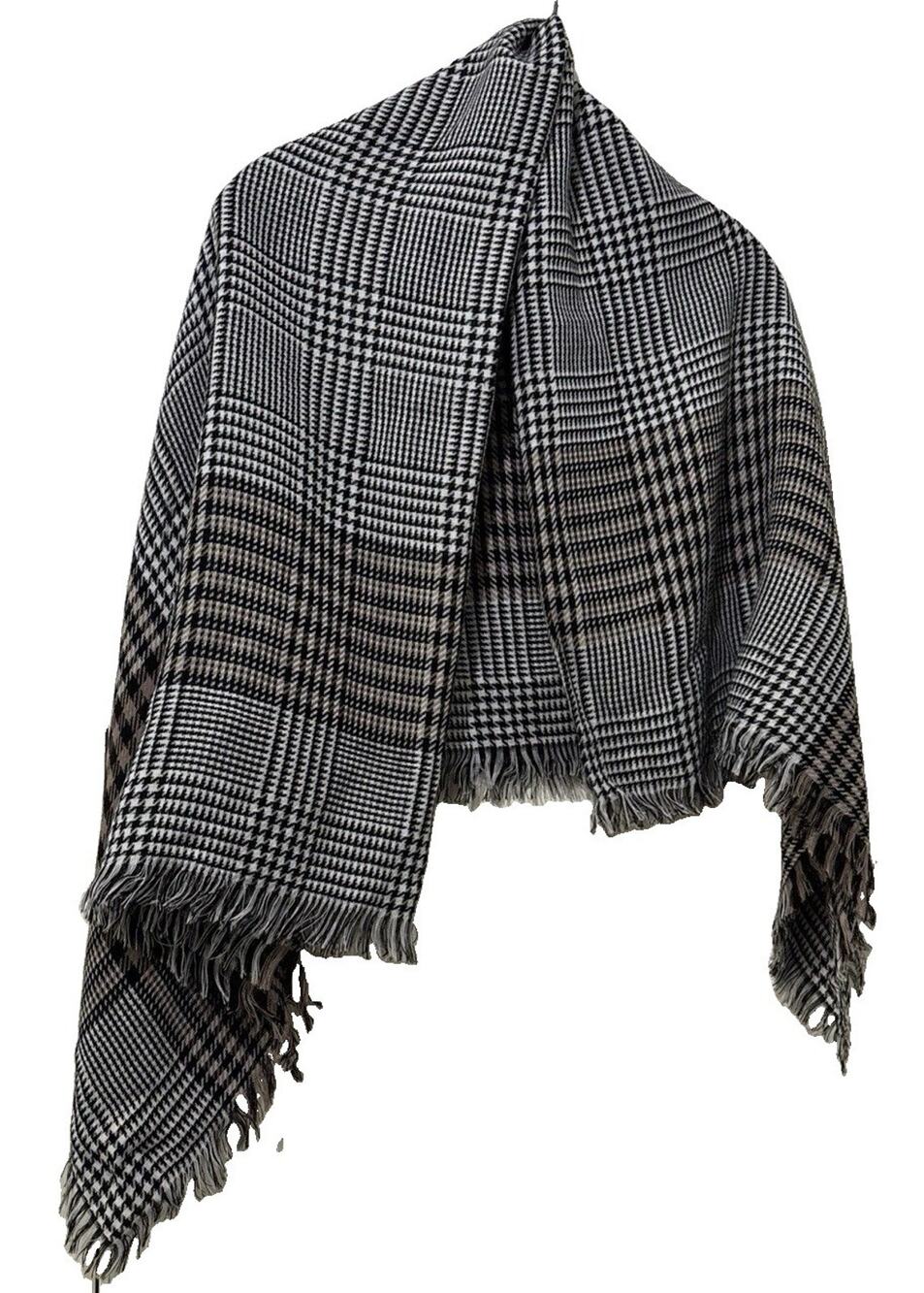 Plaid Houndstooth Cape Scarf Black White Tan Glen Plaid Fringe 48” X 48” Wrap